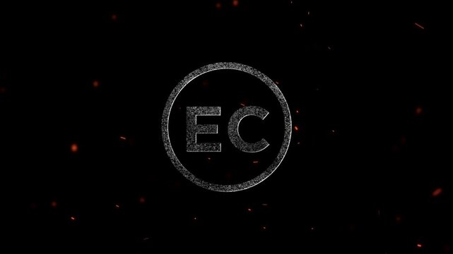 Glowing neon circular emblem with the capital letters EC floating in space with orange sparks