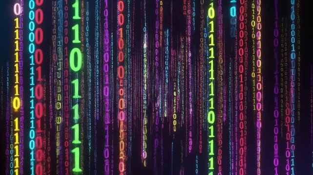 Digital rain of colorful binary code streams flowing down with bokeh effects during a futuristic data visualization