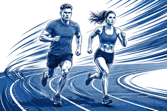 Running man and woman, isolated vector silhouettes. Run, side view. Silhouettes of athletic looking male and female runners running. Transparent EPS version.