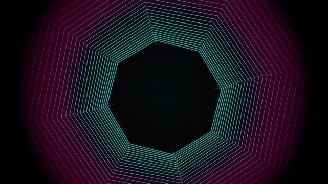 Neon geometric tunnel abstract motion background with pulsing cyan and purple light lines