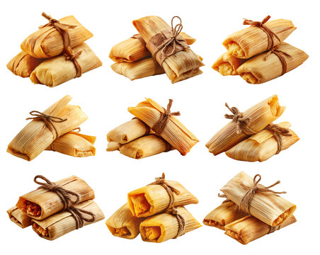 Venezuelan tamales wrapped in corn husk, tied with rustic rope, isolated on white background, representing South American cuisine