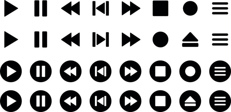 Black Media Player Control Buttons Set with Play, Pause, Rewind, Forward, Stop, Record and Eject Icons for Audio Video Interface Designs