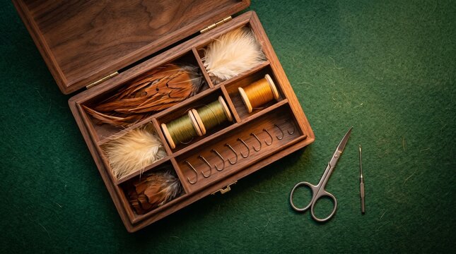 Fly fishing tackle box with colorful feathers and spools of thread for making lures fishing flies fly tying fishing gear fishing hooks