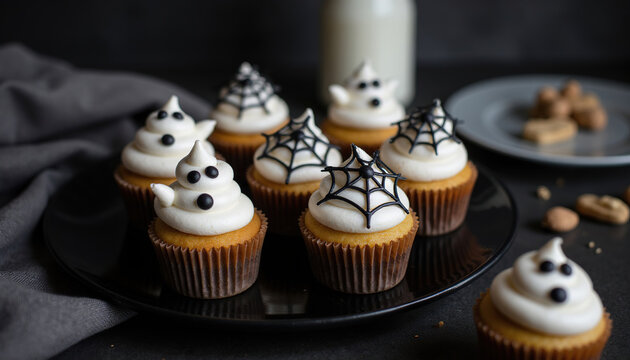 Homemade Halloween cupcakes decorated with white ghost frosting and chocolate spiderwebs served on black plate, spooky party food and dessert concept.