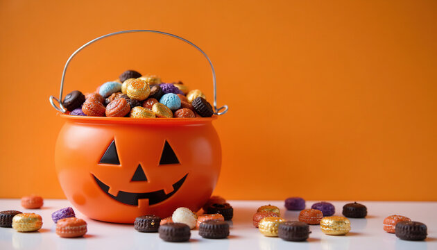 Orange plastic Jack o Lantern bucket overflowing with colorful Halloween candies and chocolates on orange background with copy space, trick or treat concept.