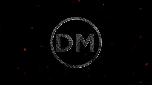 Glowing particle letter combination DM inside a circular frame with floating embers