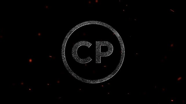 Glowing particle letter CP logo inside a circle shape with floating embers