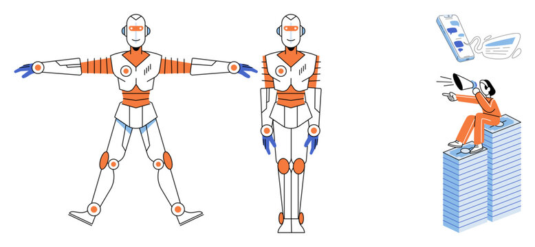 Robot character in t-pose and standing position with person using megaphone vector illustration. Technology, automation, communication, leadership, business, marketing. droid model and human