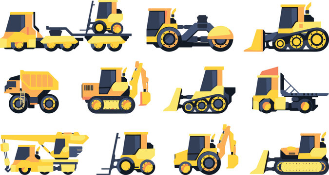 Set of twelve yellow and orange flat style construction vehicles including bulldozer, road roller, dump truck, backhoe loader, forklift, crane and flatbed truck vector illustrations