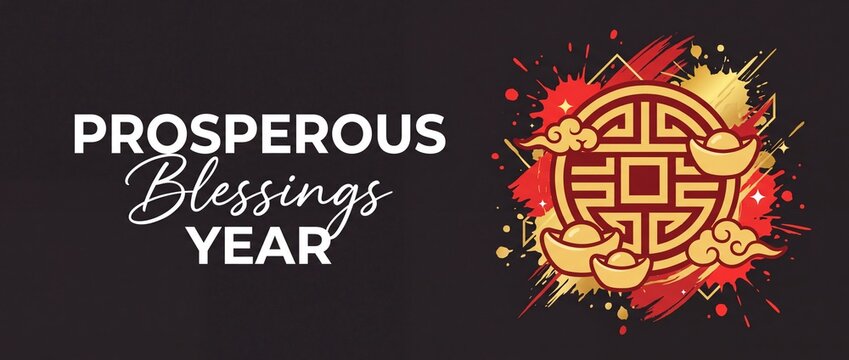 Chinese New Year background banner with prosperous blessings text, gold ingot sycee symbols, auspicious clouds, and red paint splatters for festive Lunar Spring Festival celebration greeting layout.