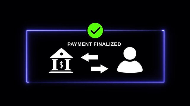 Digital payment finalized notification motion featuring bank and user with glowing neon border for financial technology, online banking transactions, and secure e-commerce checkout success ui
