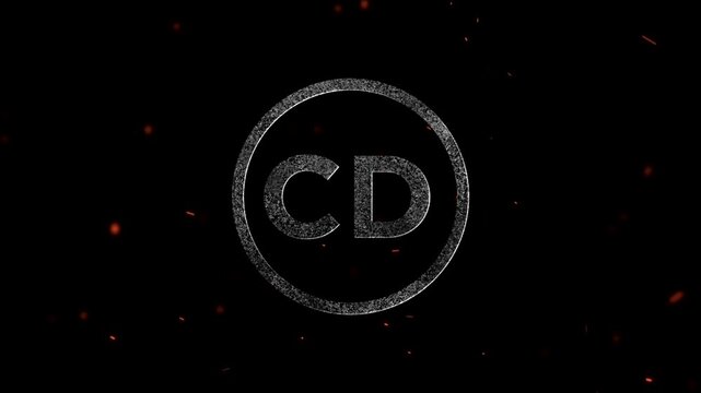 Letters CD inside a circular frame created from glowing white particles and floating embers