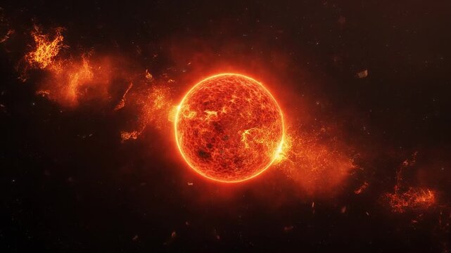 Fiery star ejecting plasma streams in deep space during cosmic event cinematic motion