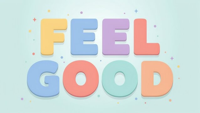 Bright, colorful letters spell "FEEL GOOD" with festive confetti. Great for wellness and positive affirmation campaigns.