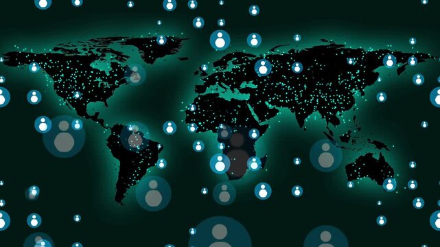 World map animation links demographic community user nodes. Global telecommunication networks connect across active world map animation. Social media platforms use map.