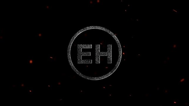 Letters EH inside a glowing circular frame with floating embers