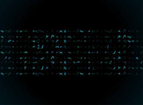 Glowing fantasy runes and mystical symbols arranged in horizontal rows on a dark background, creating an ancient occult and magical atmosphere for fantasy, gaming, and cinematic projects.