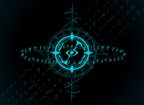 Mystical fantasy eye symbol surrounded by glowing cyan runes and intricate circular glyphs, creating an ancient occult emblem for magic, gaming, fantasy, ritual, and dark mystical designs.