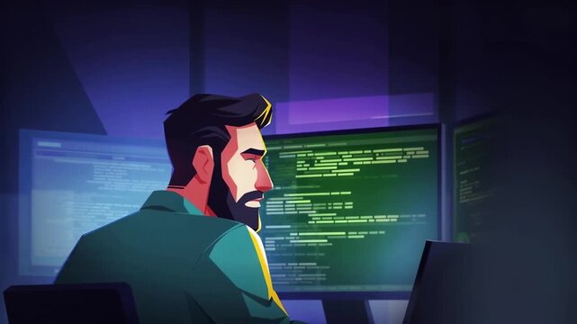 Programmer Intensely Coding on Glowing Monitors in Dimly Lit Digital Workspace Cinematic Animation