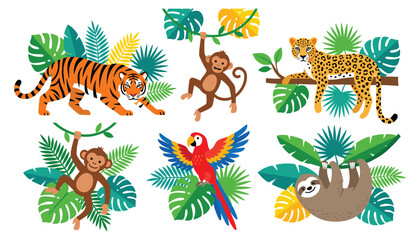 Obraz premium Tropical Jungle Animals Collection with Tiger, Monkey, Leopard, Parrot, and Sloth Among Exotic Leaves, Wildlife Illustration for Kids and Nature Designs