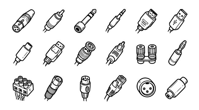 Hand Drawn Electronic Cable Plugs Connectors and Terminal Vector Icons