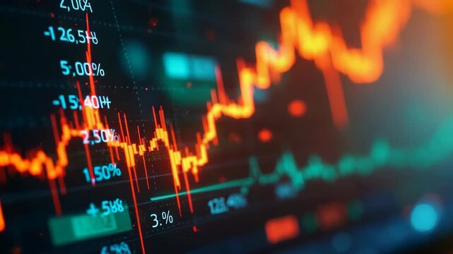 Close-up of a colorful financial trading graph on a digital screen, displaying market fluctuations and economic trends. Perfect for illustrating investment, finance, and analytics concepts.