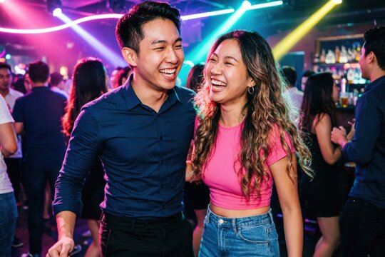 Una joven y alegre pareja asi&aacute;tica r&iacute;e y baila muy junta bajo coloridas luces de ne&oacute;n en una animada discoteca