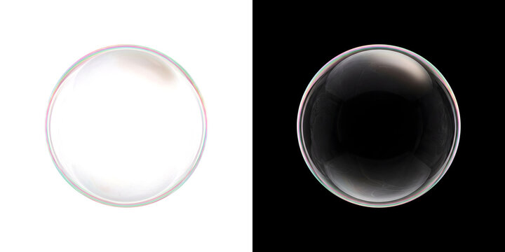 Bubble with thin rainbow film and soft window reflections for cleaning and beauty designs in PNG, Transparent and Black Background Versions