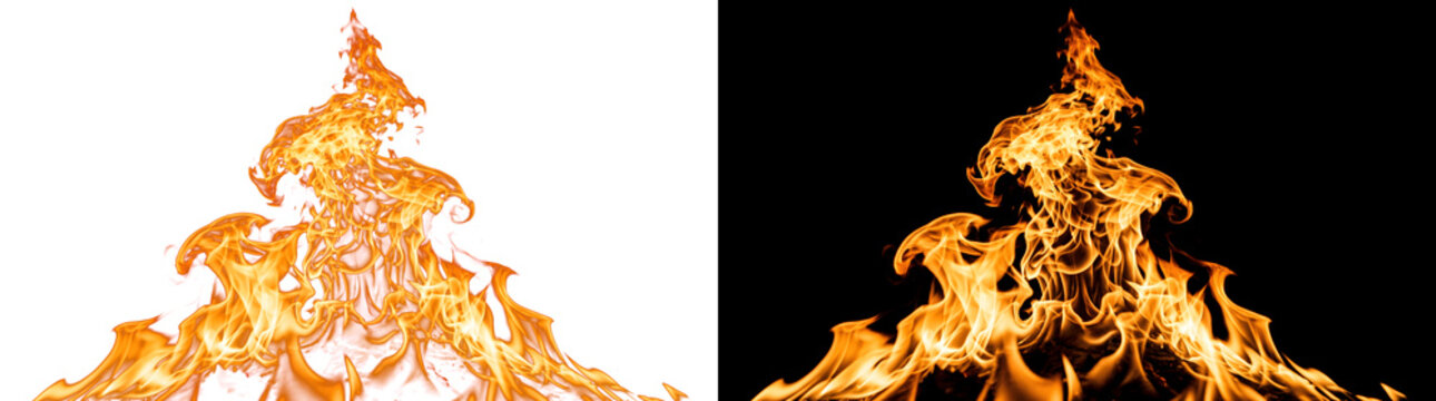 Fire blazing upward in layered orange flames for heat and danger designs in PNG, Transparent and Black Background Versions