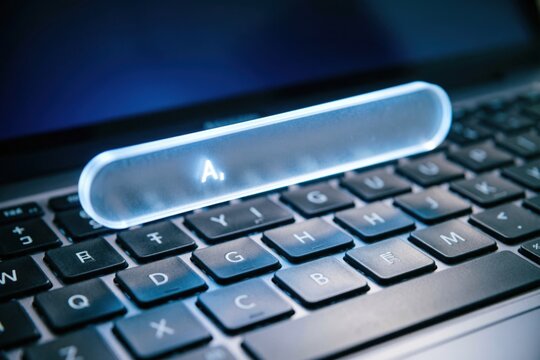 Barra de b&uacute;squeda digital transl&uacute;cida flotando sobre las teclas de un port&aacute;til con luz azul, que representa la tecnolog&iacute;a inteligente y el concepto de instrucciones (prompts) impulsadas por 