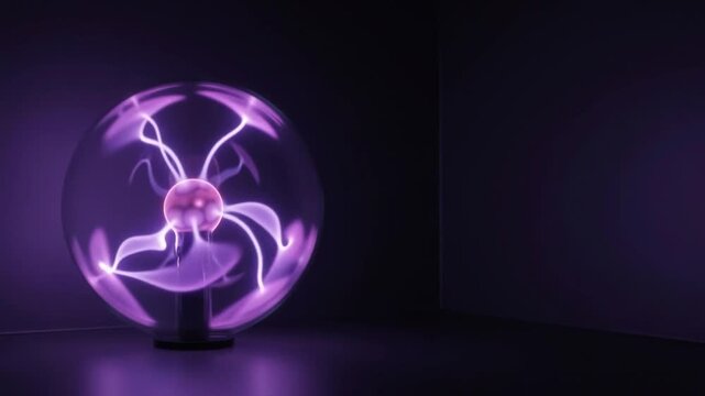 Cinematic Video of a Glowing Purple Plasma Ball with Electrical Discharges in Dark Room