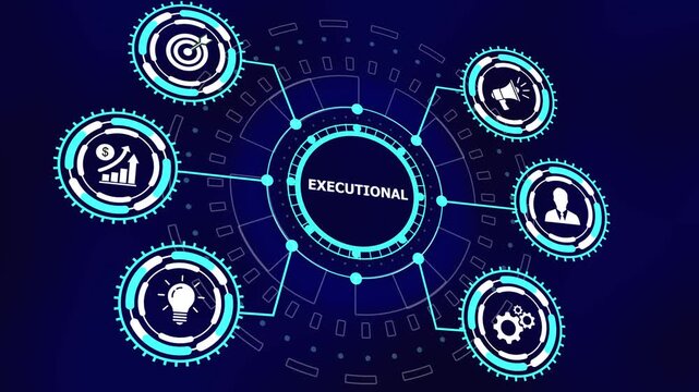 Dynamic executional strategy infographic hud animation featuring business growth marketing targets, financial analytics, and corporate management workflow processes in a modern digital interface