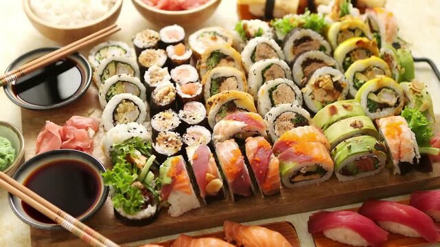 Fresh Salmon Sushi Rolls on Plate with Japanese Rice, Seafood, Healthy Gourmet Meal and Appetizer for Lunch or Dinner