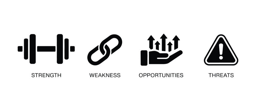 swot analysis business strategy icons, vector illustration concept featuring strengths, weaknesses, opportunities, threats, planning, management and strategic evaluation symbols