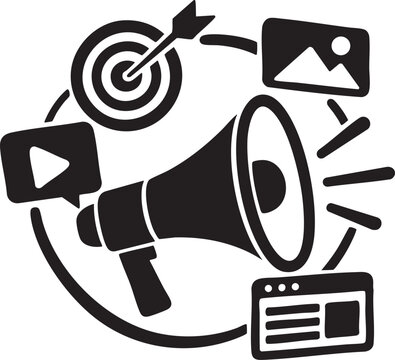 Digital marketing and social media promotion icon set black glyph style illustration for advertising strategy and content creation concepts