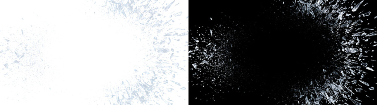 Glass shattering outward in sharp shards and tiny fragments for impact designs in PNG, Transparent and Black Background Versions