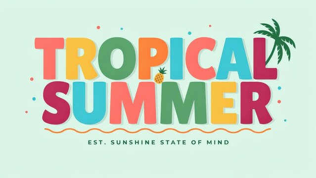 Vibrant "Tropical Summer" text with pineapple and palm tree on light blue. Use for vacation, beach, or seasonal promotions.