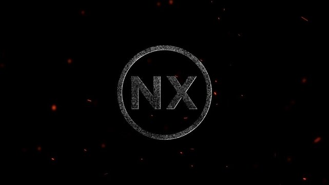 Abstract graphic design featuring the letters NX inside a circular ring with floating particles