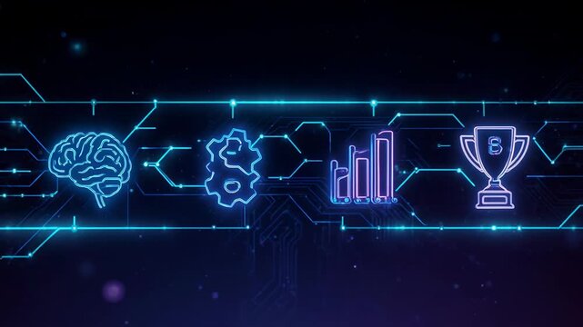 Digital data stream with glowing icons of success and innovation on a dark background