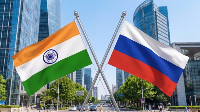 India and Russia National Flags Flying in Front of Modern Glass Office Buildings Representing International Diplomacy and Business Partnership