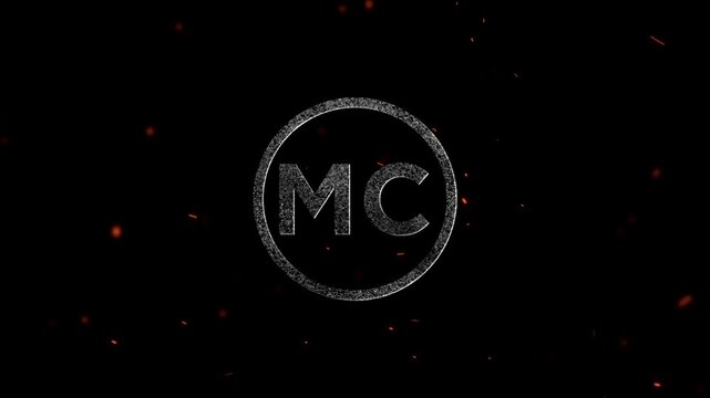 Glowing metallic letters MC inside a circular frame with floating embers