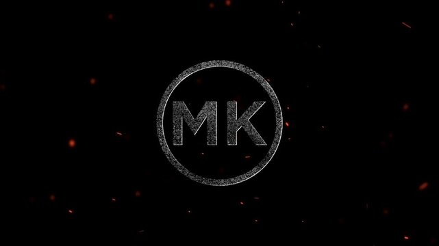 Glowing metallic letters MK initials inside a circular frame with floating particles