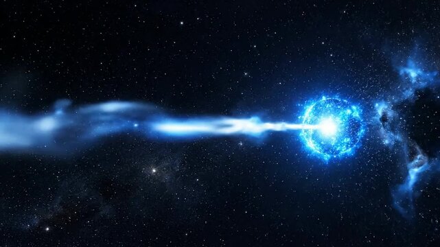 Cosmic gamma ray burst and pulsar star ejecting powerful plasma jet in deep space galaxy background