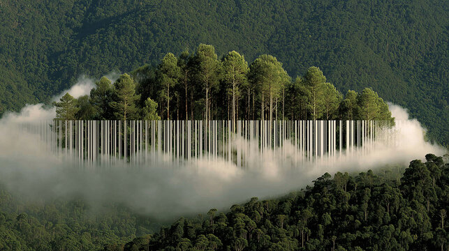  Forest rising from barcode critiques commercialization of nature

