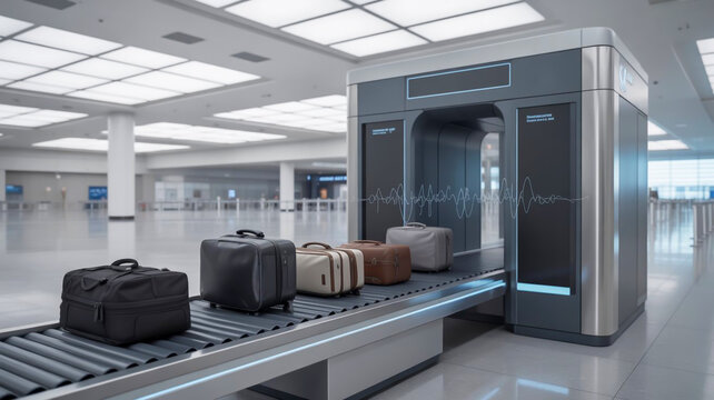 Modern automated baggage screening machine with luggage passing through a security checkpoint in a clean airport terminal hall