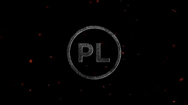 Glowing metallic letters PL inside a circular ring with floating particles