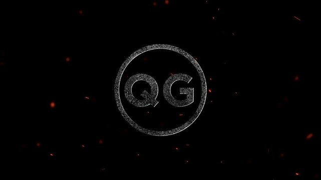 Glowing metallic letters QG inside a circular emblem with flying orange sparks