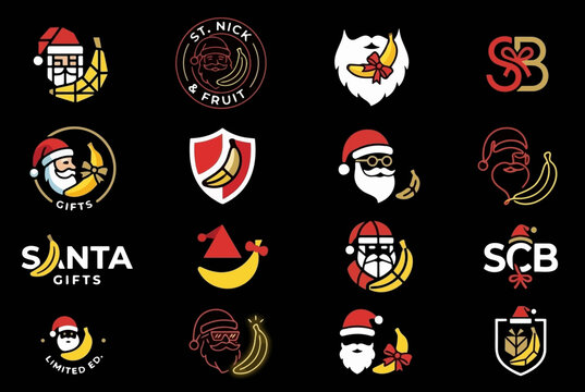 Santa Claus and banana logo set, funny Christmas fruit mascot icons, holiday vector emblem collection