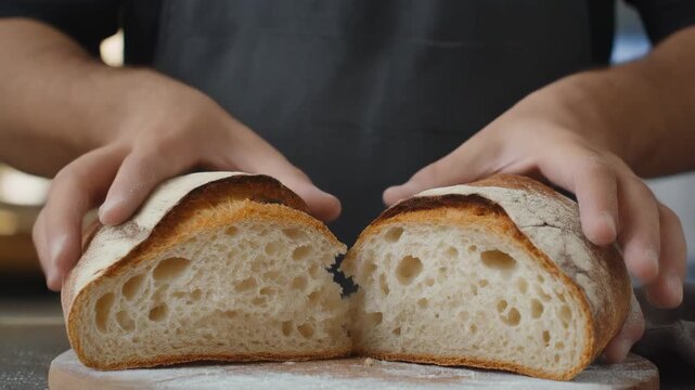 Crusty sourdough bread being pulled apart revealing soft interior during natural daylight