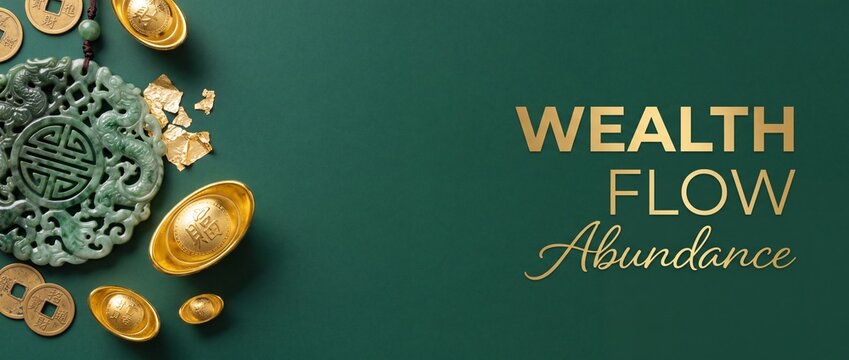 Chinese new year wealth background with traditional gold ingots, jade pendant, and feng shui coins on dark green banner for prosperity, abundance, success, financial growth, and lunar new year